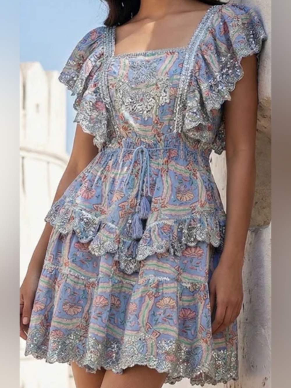 💎NWT handmade Floral Ruffled Boho Mini Dress in Denim with INSANE embellishment